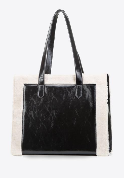 Shopper bag with teddy faux fur detail, black-cream, 97-4Y-250-4, Photo 3