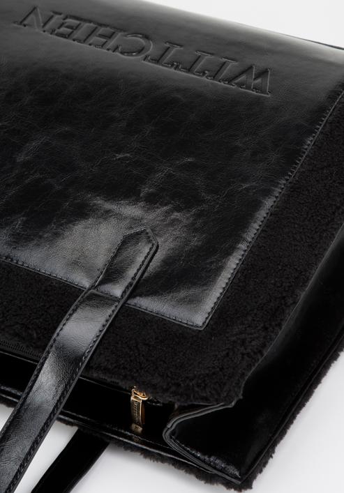 Shopper bag with teddy faux fur detail, black, 97-4Y-250-1, Photo 6