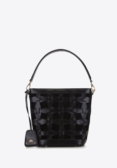 Leather plaited hobo bag, black, 93-4E-301-4, Photo 1