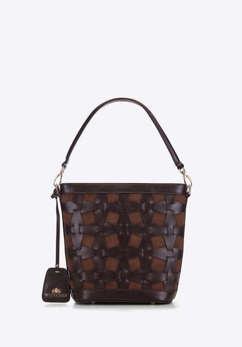 Leather plaited hobo bag, brown, 93-4E-301-1, Photo 1