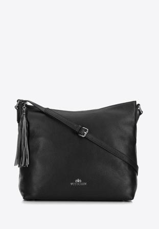 Women's leather hobo bag with tassel charm, black, 29-4E-008-1, Photo 1