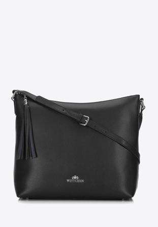 Women's leather hobo bag with tassel charm, black-silver, 29-4E-008-10, Photo 1