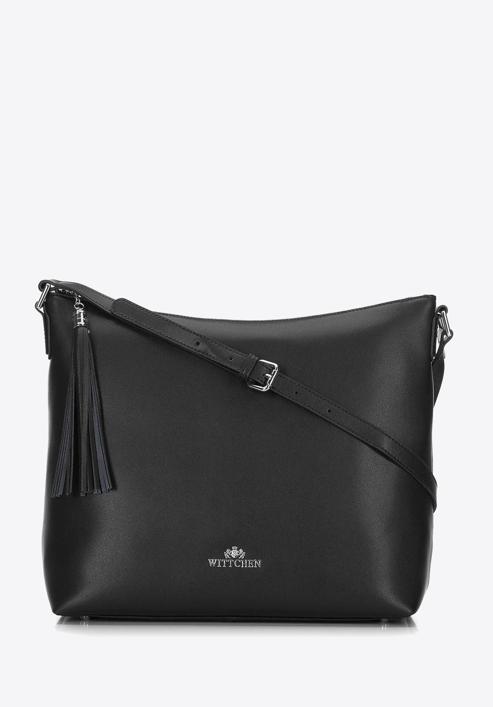 Women's leather hobo bag with tassel charm, black-silver, 29-4E-008-5, Photo 1