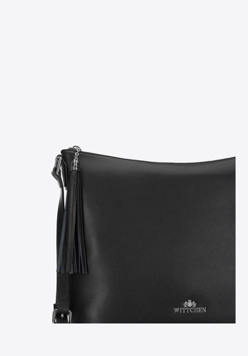 Women's leather hobo bag with tassel charm, black-silver, 29-4E-008-5, Photo 5