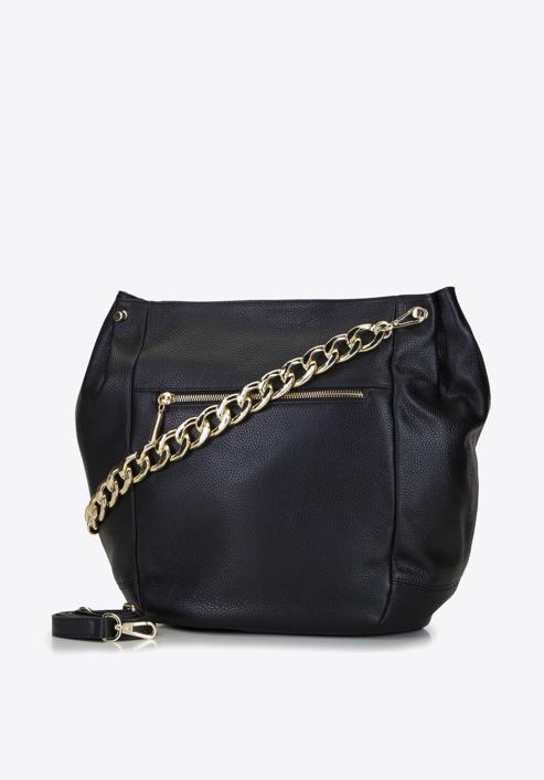Leather hobo bag with a thick chain shoulder strap, black, 92-4E-648-1, Photo 2