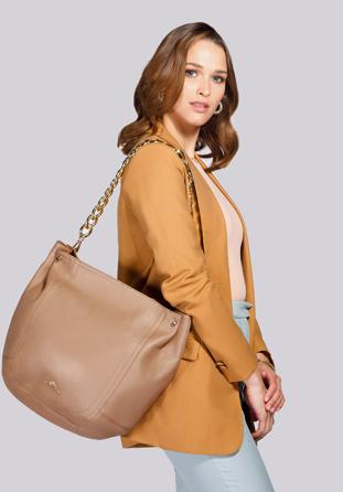 Leather hobo bag with a thick chain shoulder strap, beige, 92-4E-648-9, Photo 1