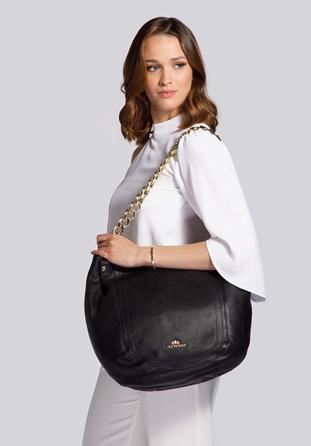 Leather hobo bag with a thick chain shoulder strap, black, 92-4E-648-1, Photo 1