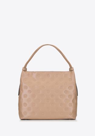 Large leather hobo bag with the embossed monograms, nude, 92-4E-697-9, Photo 1
