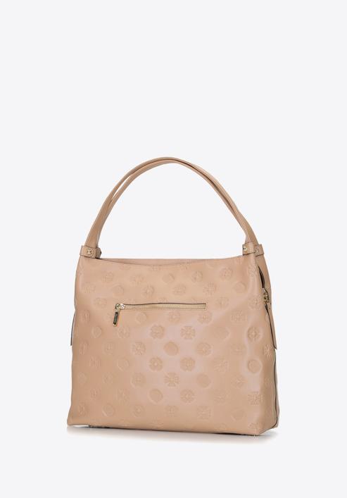 Large leather hobo bag with the embossed monograms, nude, 92-4E-697-9, Photo 2