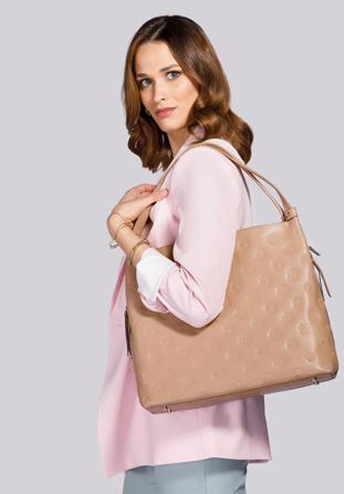 Large leather hobo bag with the embossed monograms, nude, 92-4E-697-9, Photo 1