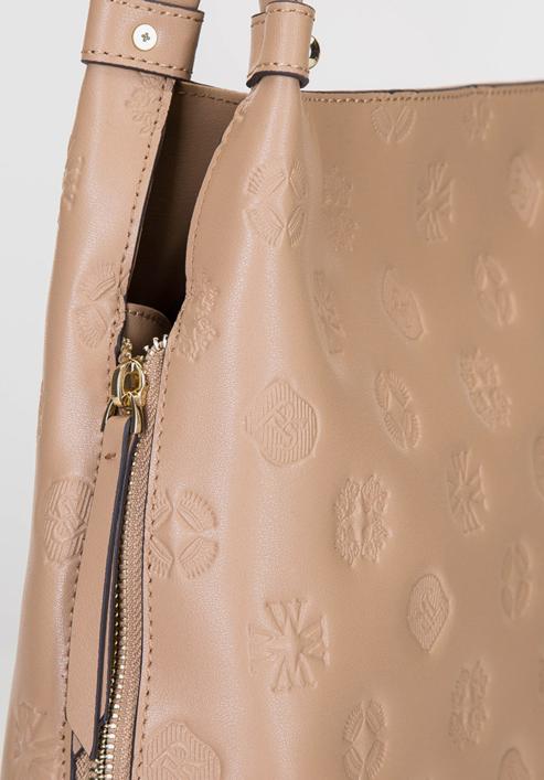 Large leather hobo bag with the embossed monograms, nude, 92-4E-697-9, Photo 4