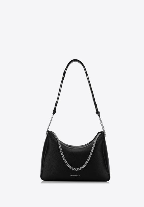 Leather hobo bag with decorative chain strap, black-silver, 98-4E-615-0G, Photo 1
