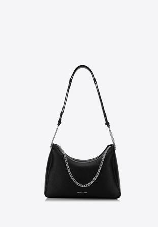 Leather hobo bag with decorative chain strap, black-silver, 98-4E-615-1S, Photo 1