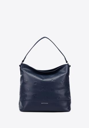 Faux leather hobo bag with embossed letters, navy blue, 93-4Y-515-N, Photo 1