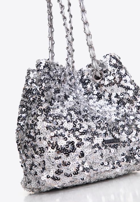 Sequin hobo bag on chain, silver, 98-4Y-024-S, Photo 6