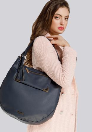 Hobo bag with flap, navy blue, 93-4Y-703-N, Photo 1