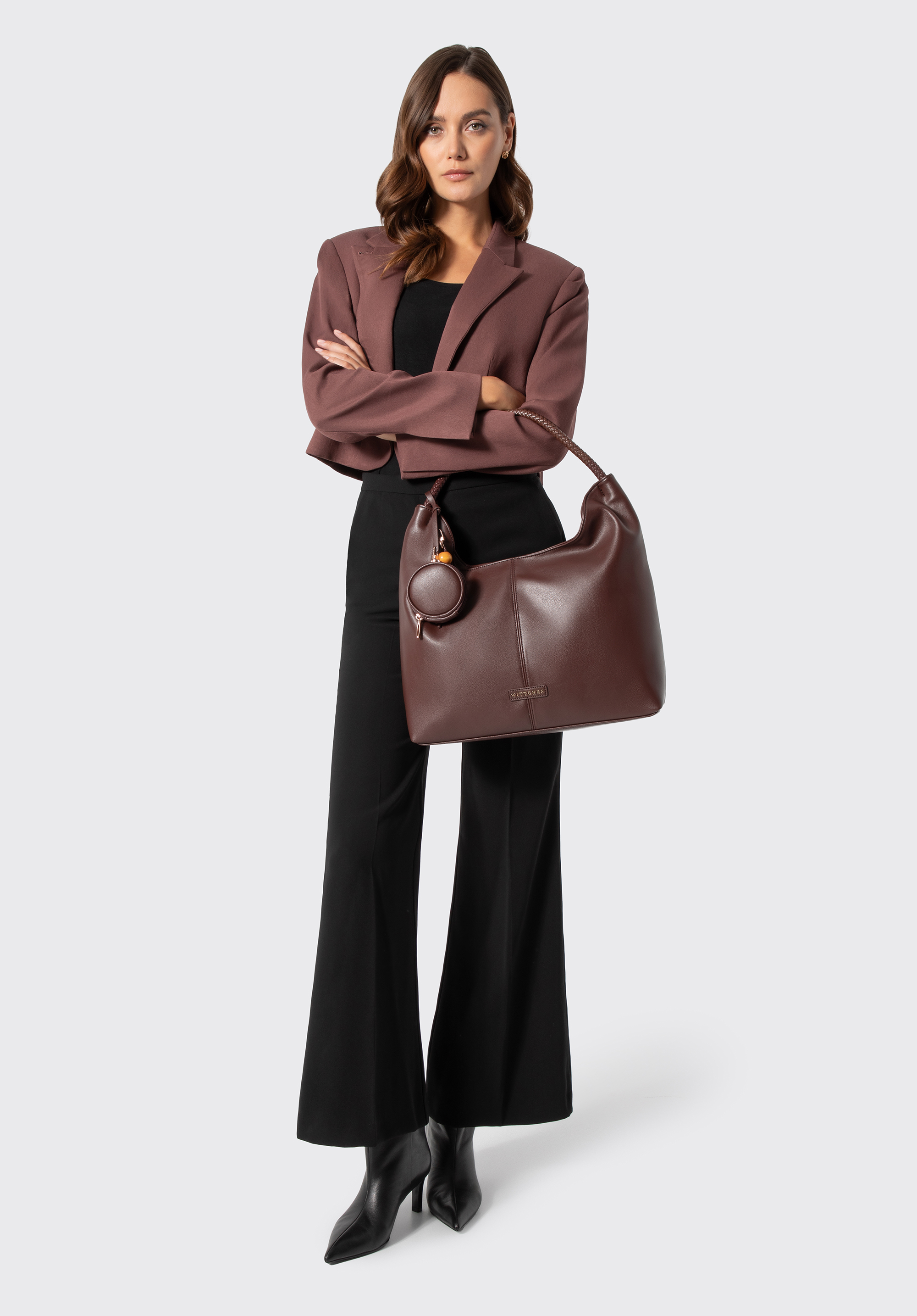 Women's hobo bag with braided handle and pouch, dark brown, 103-4Y-522-4, Photo 1