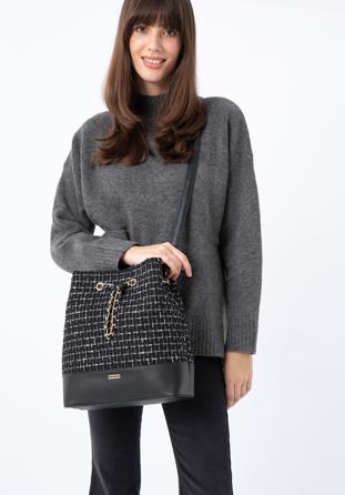 Plaid tweed boucle hobo bag, black, 97-4Y-223-1, Photo 1