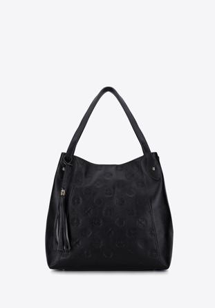 Leather monogram hobo bag with tassel detail, black, 96-4E-607-1, Photo 1