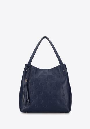Leather monogram hobo bag with tassel detail, navy blue, 96-4E-607-7, Photo 1