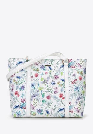 Women's faux leather shopper bag with floral print, white, 96-4Y-201-0, Photo 1