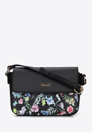 Women's faux leather crossbody bag with floral print, black, 96-4Y-203-1, Photo 1