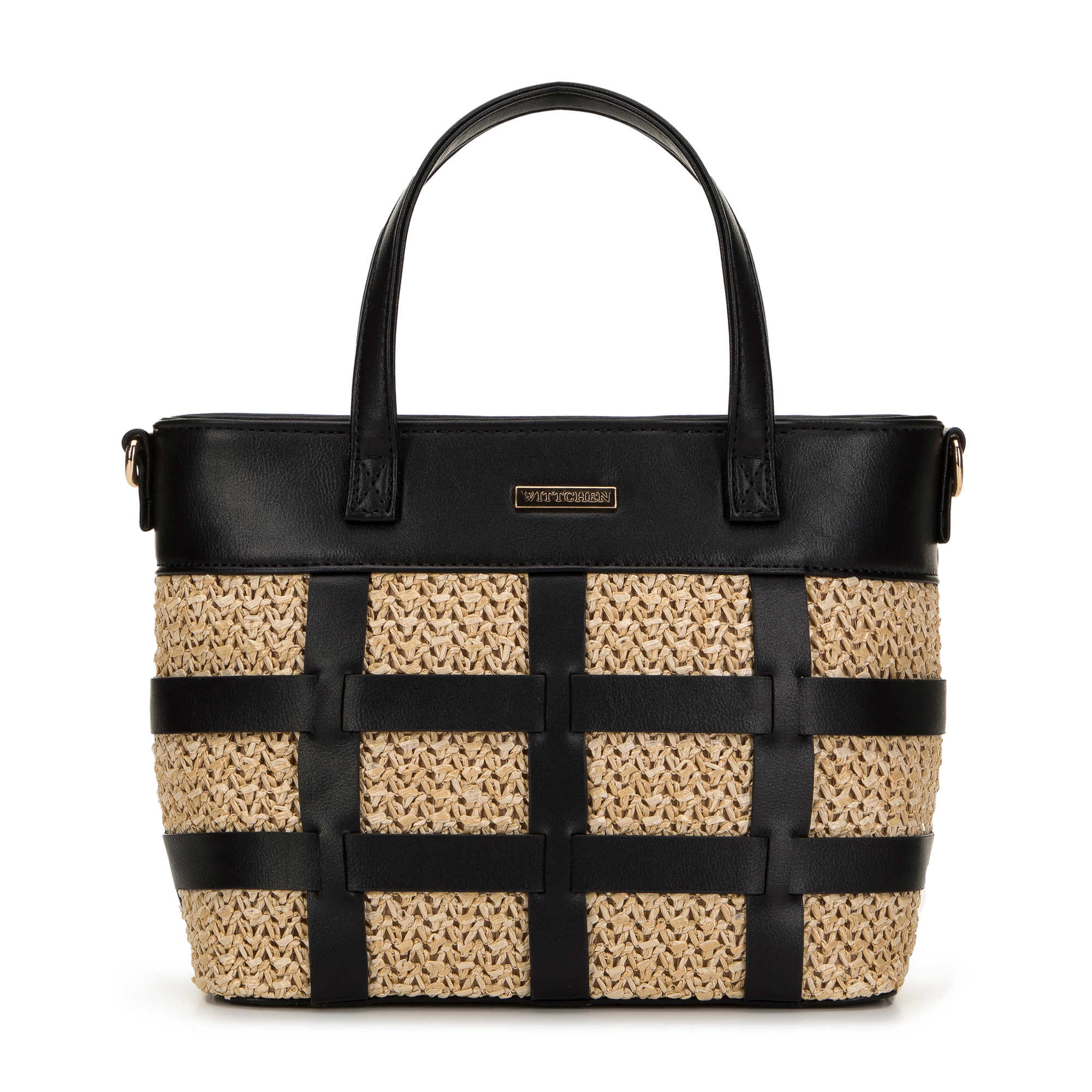 Mini kabelka z ekokože s béžovo-čiernou vrkočovou vložkou 98-4Y-406-91