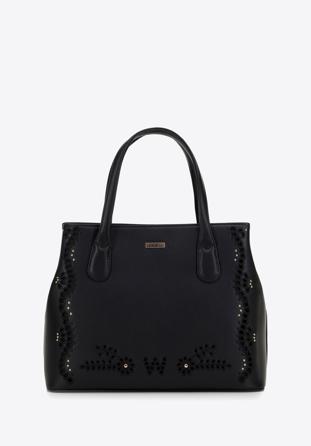 Faux leather tote bag with a cut-out pattern, black, 98-4Y-502-1, Photo 1