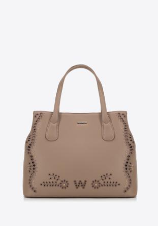 Faux leather tote bag with a cut-out pattern, beige, 98-4Y-502-9, Photo 1