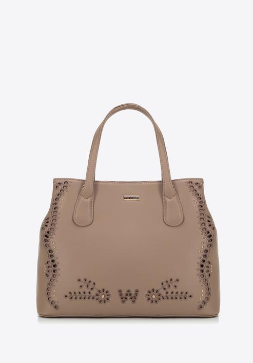 Faux leather tote bag with a cut-out pattern, beige, 98-4Y-502-0, Photo 1