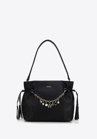 Faux leather hobo bag with decorative jewellery detail, black, 98-4Y-507-1, Photo 1