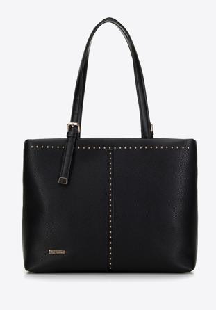 Faux leather shopper bag with studded trim, black, 98-4Y-604-1, Photo 1