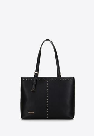 Faux leather shopper bag with studded trim, black, 98-4Y-604-1, Photo 1