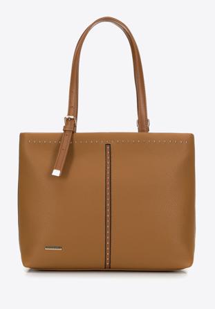Faux leather shopper bag with studded trim, brown, 98-4Y-604-5, Photo 1