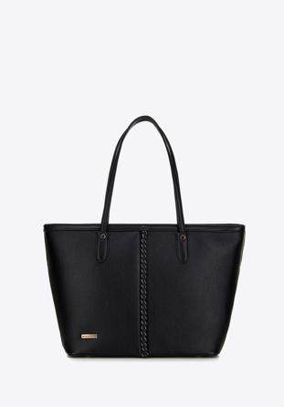 Faux leather shopper bag with braided detail, black, 98-4Y-606-1, Photo 1