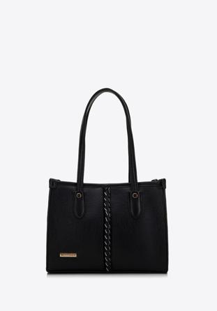 Small faux leather shopper bag with braided detail, black, 98-4Y-607-1, Photo 1
