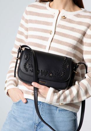Women's faux leather crossbody bag in with decorative embellishment, black, 98-4Y-504-1, Photo 1
