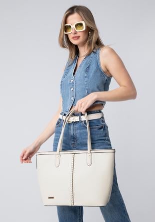 Faux leather shopper bag with braided detail, ecru, 98-4Y-606-0, Photo 1