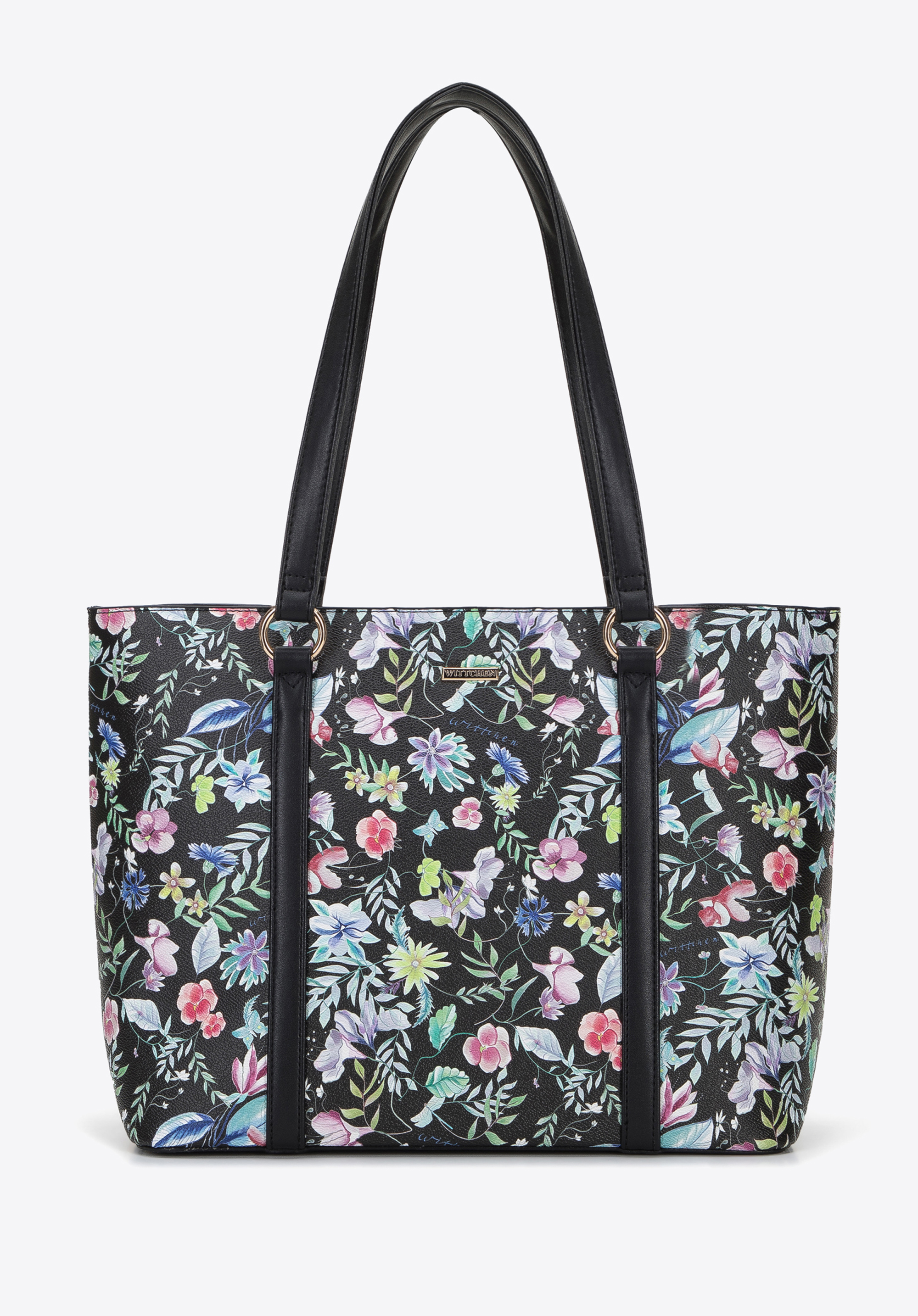 Women's faux leather shopper bag with floral print, black, 96-4Y-201-1, Photo 1