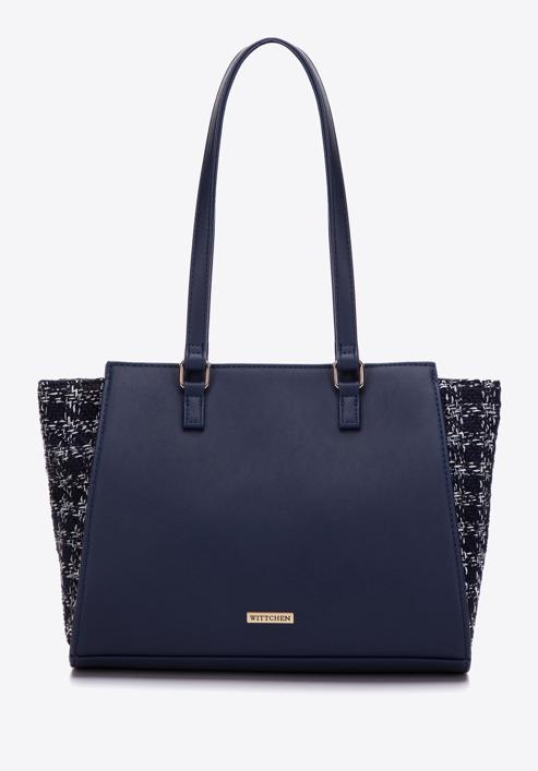 Shopper bag with boucle detail, navy blue, 97-4Y-750-1, Photo 2
