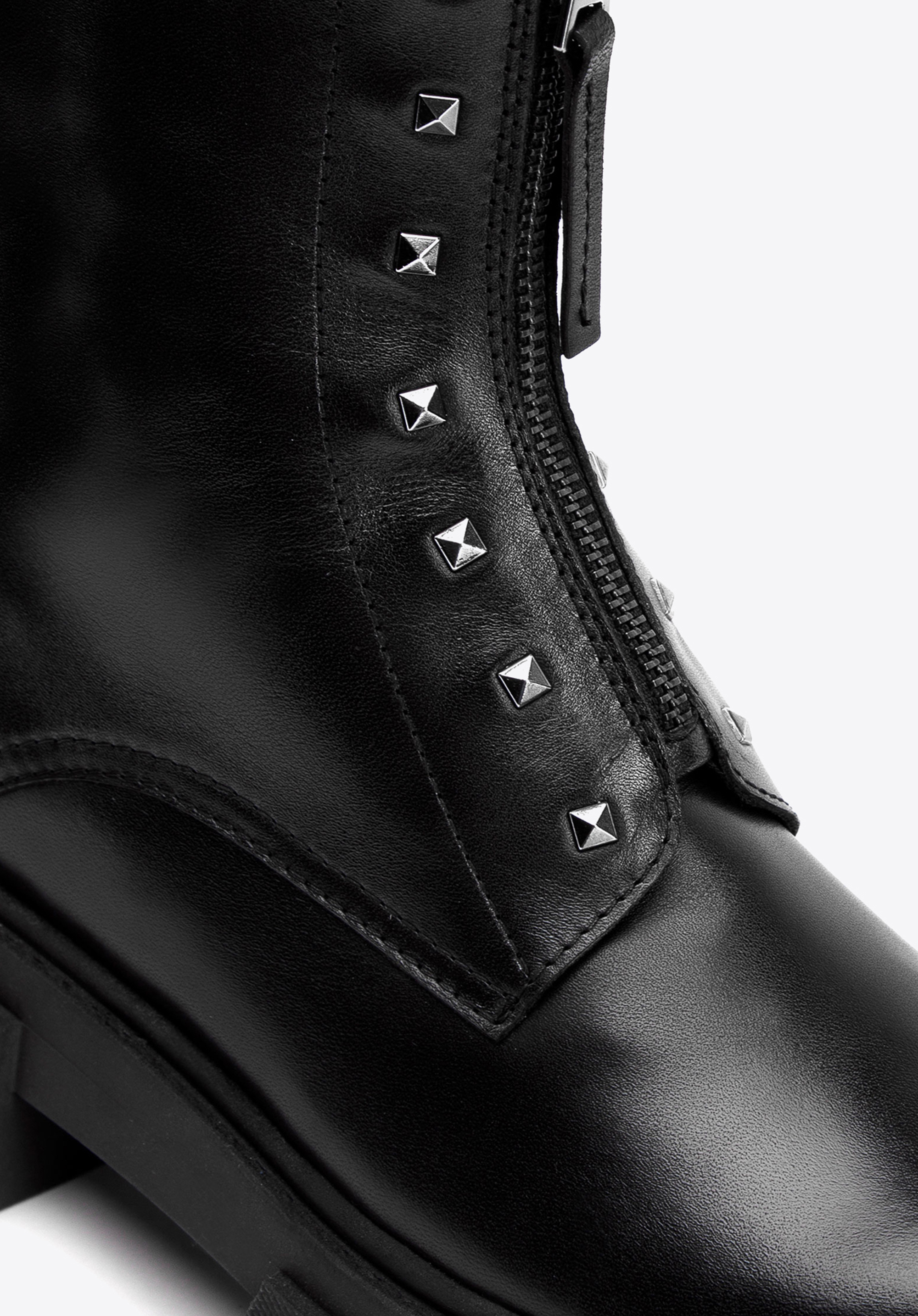 Dune raffi black leather studded zip front ankle hot sale boot