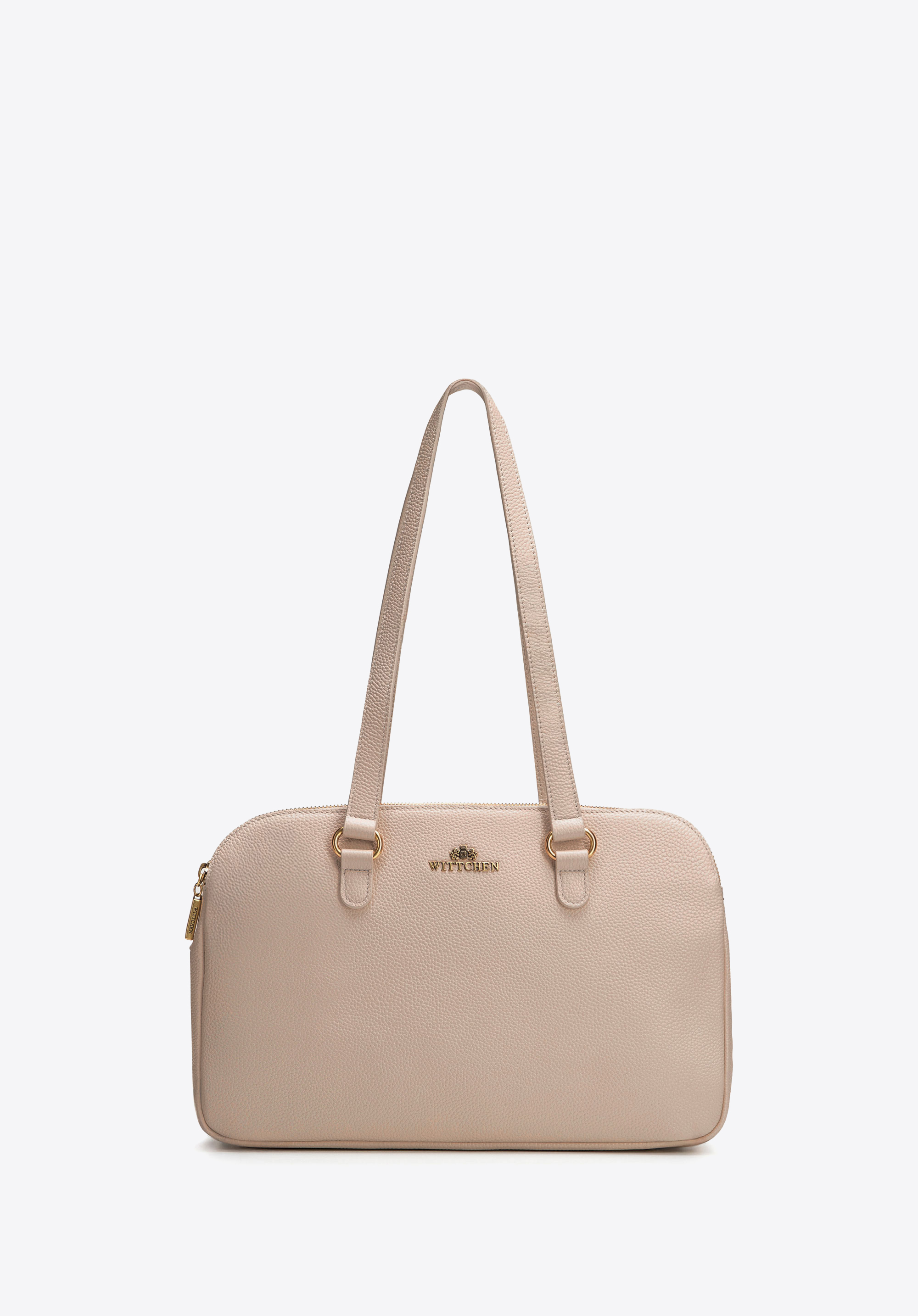 Trójkomorowa damska shopperka ze skóry naturalnej beżowa