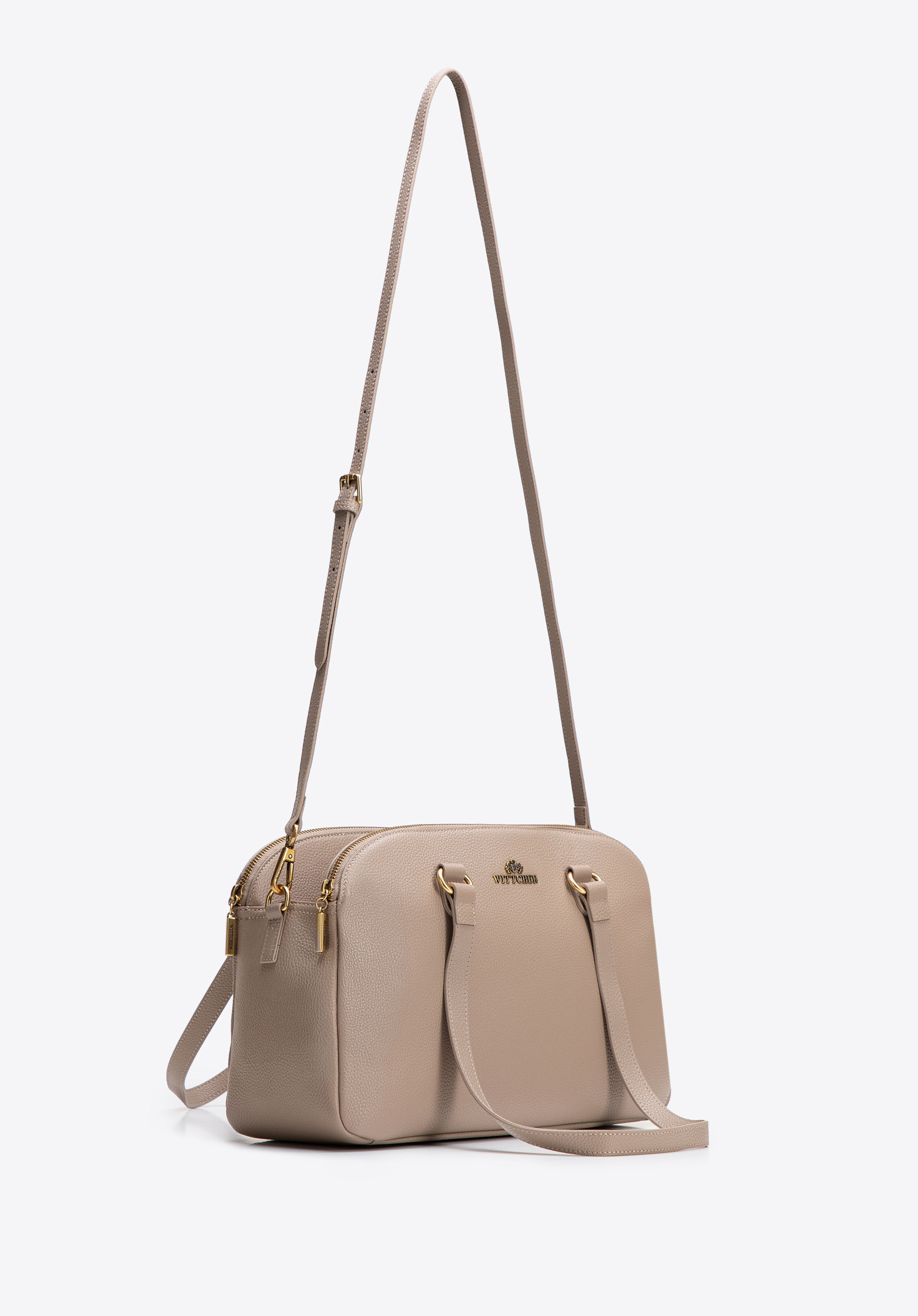 Trójkomorowa damska shopperka ze skóry naturalnej beżowa