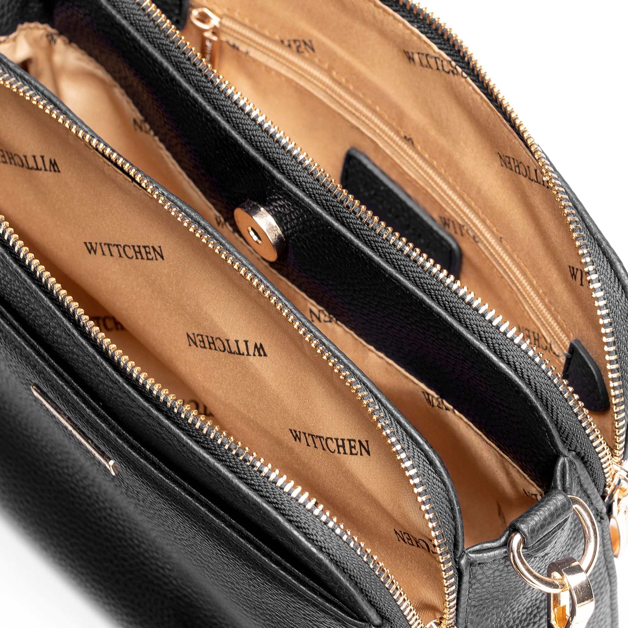 Čierna trojkomorová crossbody kabelka z imitácie kože s predným vreckom 29-4Y-020-B1, Vyberte variant čierna