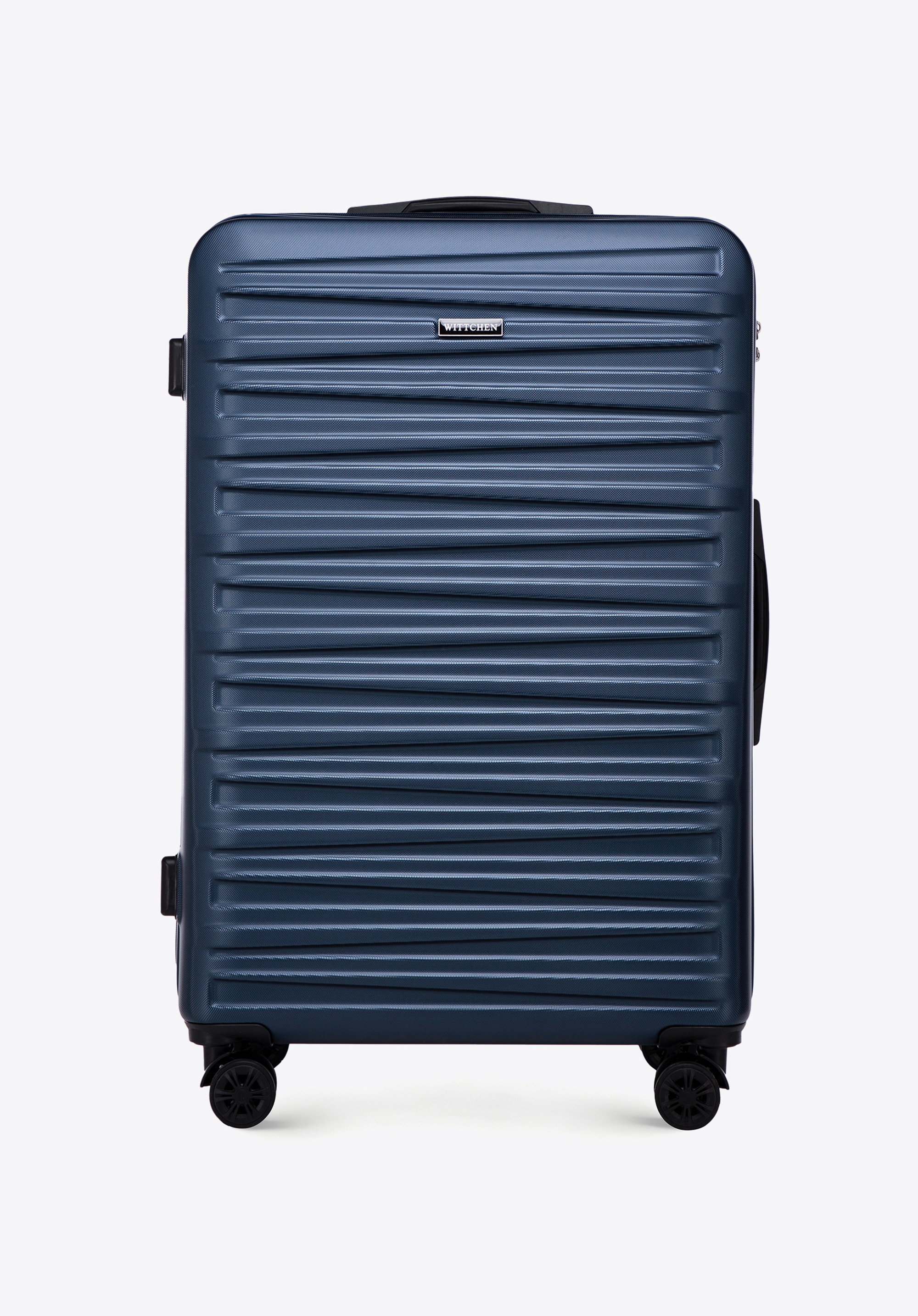 Duża walizka z ABS-u w poziome tłoczenie, granatowy, 56-3A-003-90, Zdjęcie 1