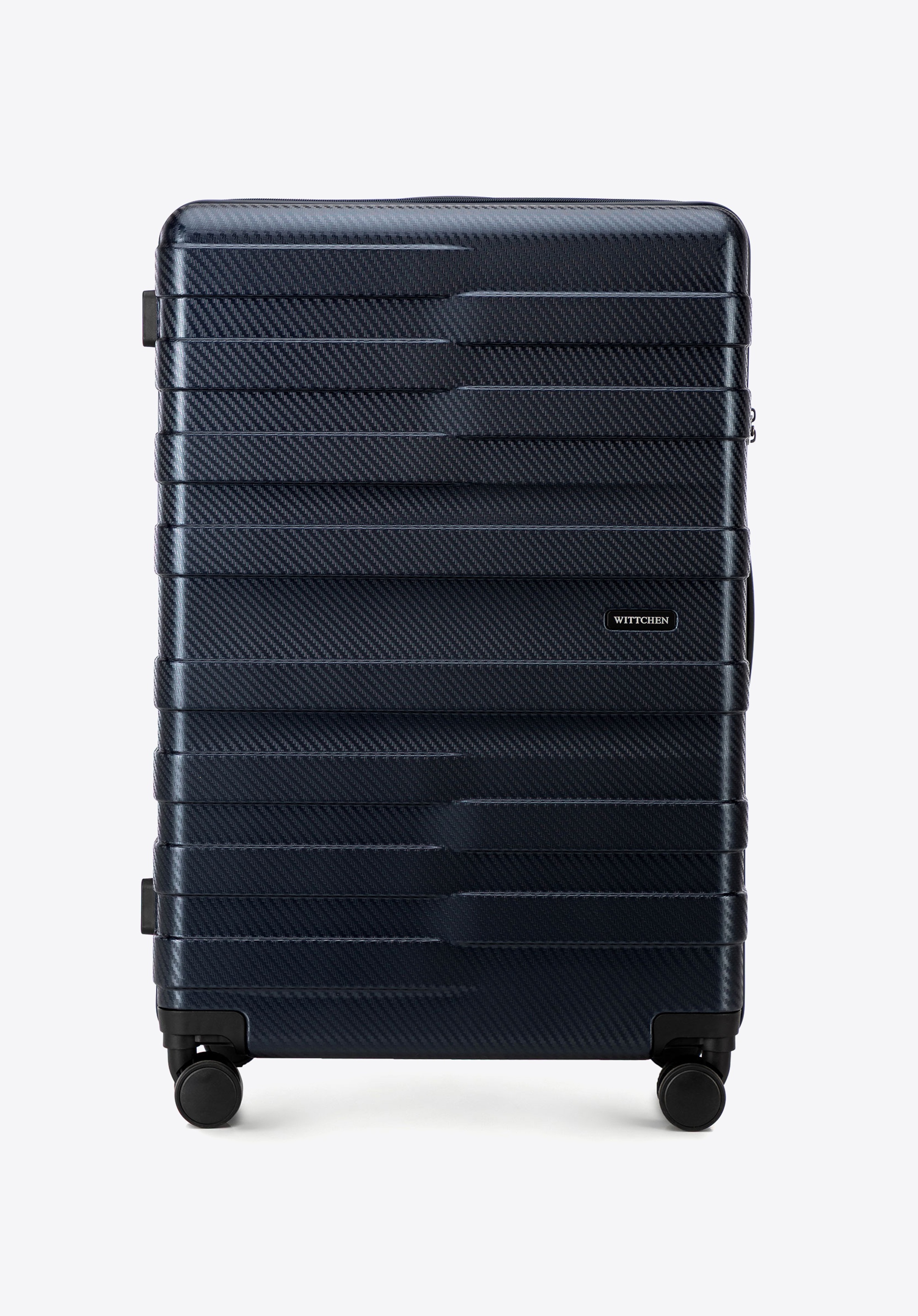 Duża walizka z polikarbonu w poziome pasy, granatowy, 56-3P-583-90, Zdjęcie 1