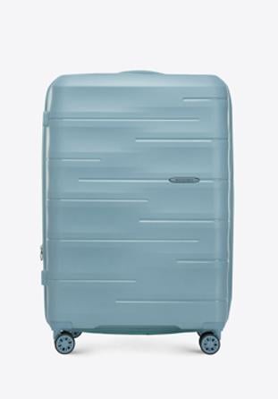 Duża walizka z polipropylenu w tłoczone paski, niebieski, 56-3T-143-B-01, Zdjęcie 1