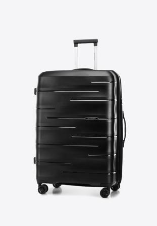 Duża walizka z polipropylenu w tłoczone paski, czarny, 56-3T-143-B-10, Zdjęcie 1