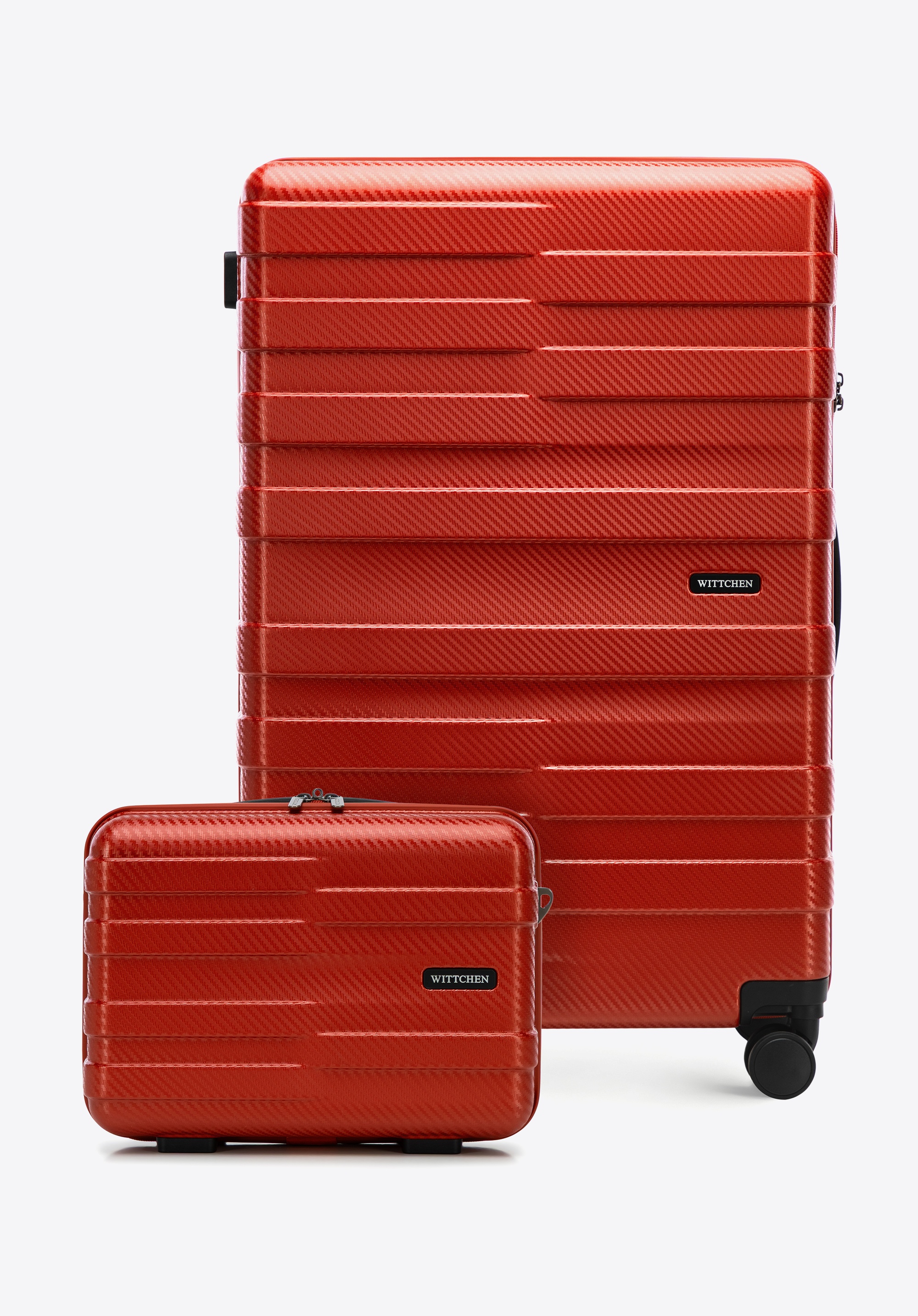 Duża walizka i kosmetyczka z polikarbonu w poziome pasy, czerwony, 56-3P-583-30K, Zdjęcie 1