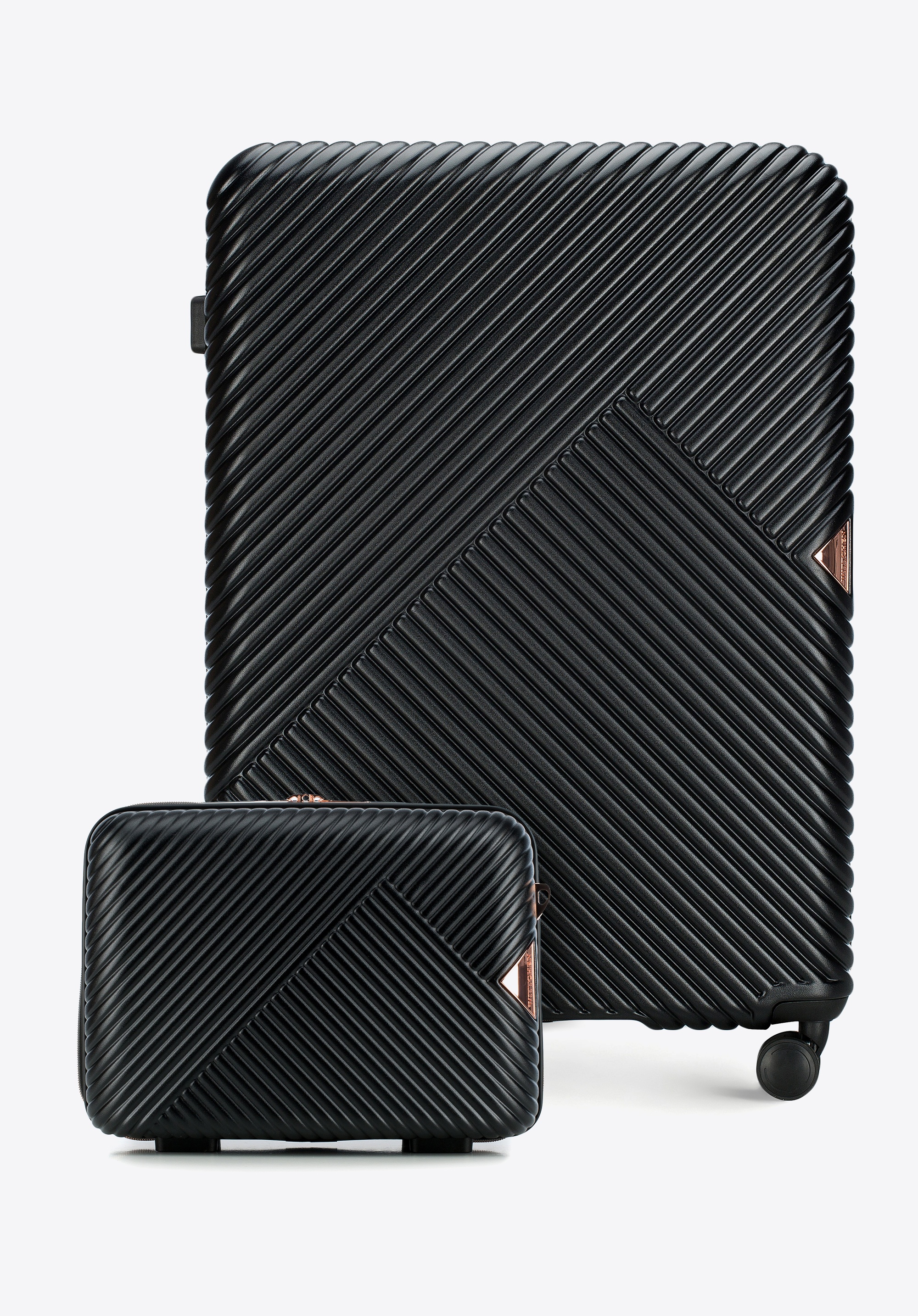 Large polycarbonate suitcase and cosmetic case with a striped design, black, 56-3P-843-10K, Photo 1
